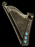 H1028 Antiqued gold finished harp brooch with turquoise mosaics